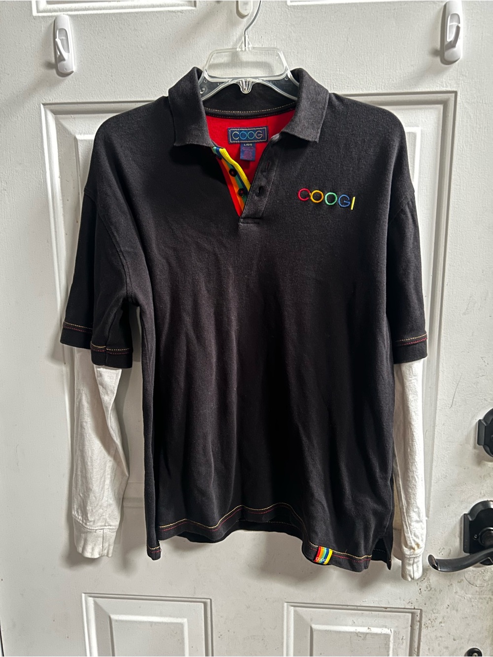Y2K COOGI Black Polo with Rainbow Logo and White Layered Sleeves Sz L